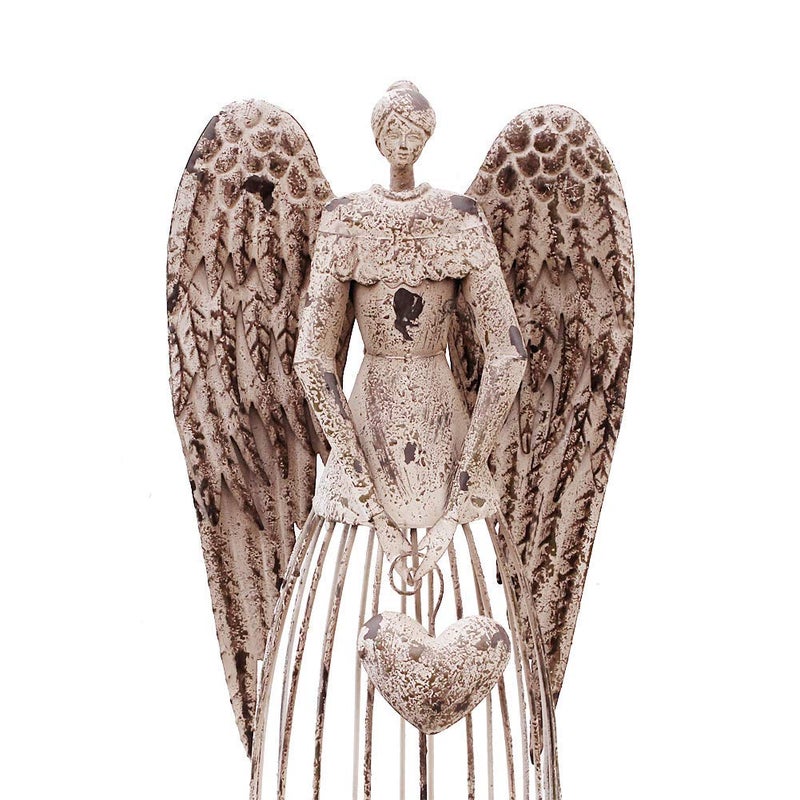 Attraction Design Antiqued Metal Garden Angel Statue with Heart, Indoor Outdoor Angel Yard Art Decor Lawn Patio Decorations Holiday Decor Garden Present Idea, 32"H - Image 3